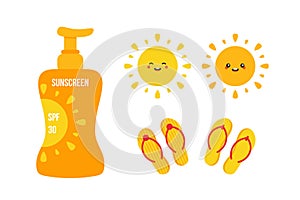 Set, collection of colorful cartoon icon for summer design. Cute smiling sun character, bottle of sunscreen and flip flops.