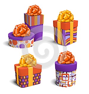 Set Collection of Colorful Celebration Gift Boxes with Bows Isolated on White