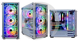 Set collection of colorful custom gaming pc computer with dark tinted glass windows and rgb rainbow led lighting isolated white