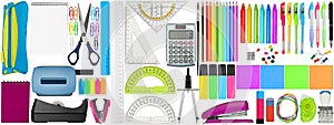 Set collection of colorful school office supplies stationery isolated on white background