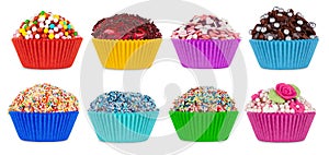 Set collection of colorful various cup cake muffin with different icing and decoration isolated white background. bakery sweet