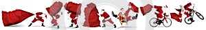 Set collection of crazy red traditional santa claus with bag extreme funny with sleigh bike bicycle jump and huge giant big gift