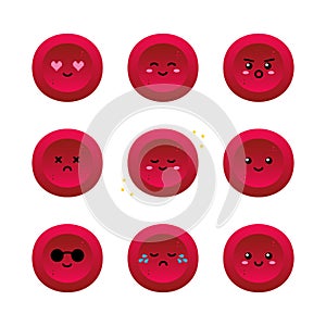 Set, collection of cute red blood cells, erythrocytes characters with different facial expressions, happy, sad, shining, joyful