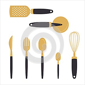 Set and collection of cutlery in black and gold for kitchen in flat style. Cutlery and crockery, knife and fork, spoon, grater.