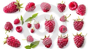 Set or collection of fresh ripe raspberries isolated on white