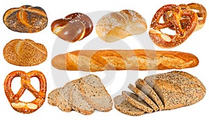 Set collection of german and french bakery products bread bun pretzel baguette isolated white background