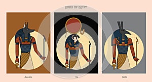 Set collection gods of Egypt Anubis, Ra, Seth isolated in background. Hand drawn. EPS 10