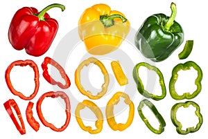 Set collection of green red and yellow sweet pepper paprika whole fruit slice and pieces isolated white background with clipping