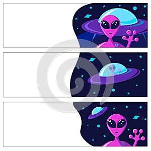 Set collection invitation cards on a fantasy space theme with a portrait of a purple alien and flying saucer ship.Spacecraft on