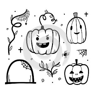 Set, collection of Jack o Lanterns, tombstone, spiders with webs icons. Black and white doodles for Halloween design