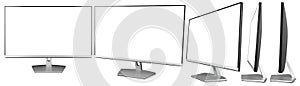 Set collection of modern black silver pc computer monitor  flat screen in front side view isolated white background. multimedia