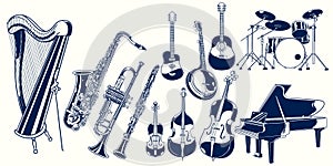 Set collection of musical instruments. Piano, violin, drum set, acoustic guitar, clarinet, trumpet, saxophone, banjo, double bass