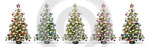 Set collection of natural nordmann christmas tree, decorated with silver red blue gold pink and silver wooden baubles stars hearts