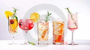 Set and collection of non-alcohol cocktails or mocktail isolated on white background with fresh summer fruits
