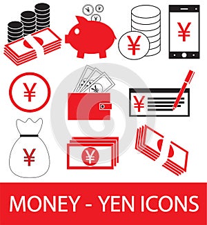 Set, collection or pack of Yen, Yuan or Renminbi currency icon or logo.