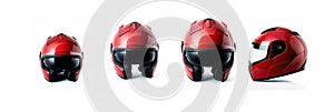 Set collection of red motorcycle carbon integral crash helmet isolated on white background. Generative Ai