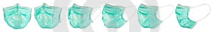 Set collection row of green blue medical respirator breathing face dust mask isolated white background. Coronavirus Covid-19