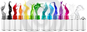 Set collection row of many various spray can spraying colorful rainbow paint liquid color splash explosion isolated white