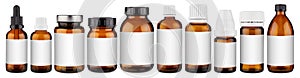 Set collection row of various brown medicine pill glass pipette dropper bottle with blank copyspace label design pattern without photo