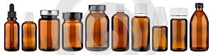 Set collection row of various brown medicine pill glass pipette dropper bottle blank without copyspace label design pattern