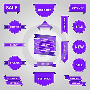 Set of collection sale banners, purple discount labels