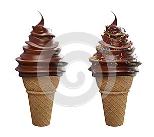 Set of collection soft serve ice cream of chocolate ice cream covered with colorful sprinkles on a crispy cone for summer isolated