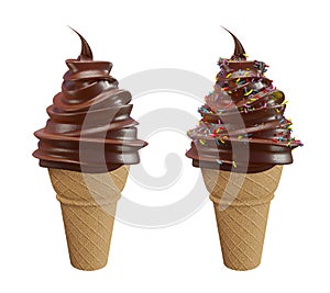 Set of collection soft serve ice cream of chocolate ice cream covered with colorful sprinkles on a crispy cone for summer isolated