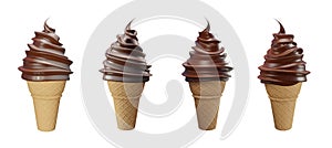 Set of collection soft serve ice cream of chocolate ice cream on a crispy cone for summer isolated on white background.3d