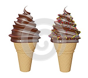 Set of collection soft serve ice cream of chocolate ice cream covered with colorful sprinkles on a crispy cone for summer isolated