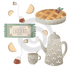 a set or collection of things and goodies for a cozy tea party