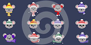 Set collection of twelve cute mouse rats in winter hat and scarf of different designs on a blue background. Year of the