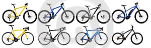 Set collection of various bicycle models and e bike. yellow black and blue mountain bike, racing sport carbon cycle, enduro full