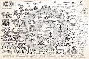 Set or collection of vector calligraphic elements and page decor