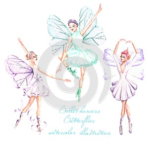 Set, collection of watercolor ballet dancers with butterfly wings illustrations