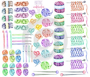 Set, collection with watercolor knitting elements: yarn, knitting needles and crochet hooks