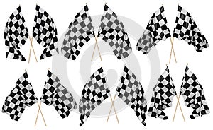 Set collection of waving crossed cross black white chequered flag wooden stick motorsport sport and racing concept isolated