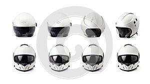 Set collection of White motorcycle carbon integral crash helmet isolated on white background. Generative Ai