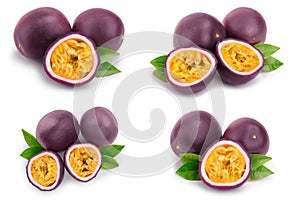 Set or collection whole passion fruits and a half with leaves isolated on white background. Isolated maracuya