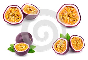 Set or collection whole passion fruits and a half with leaves isolated on white background. Isolated maracuya