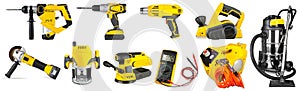 Set collection of yellow electric power hand diy tools like cordless drill angle grinder router heat gun sander and workshop