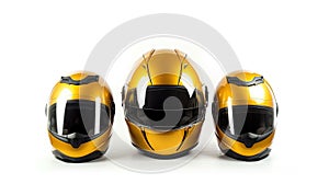 Set collection of yellow motorcycle carbon integral crash helmet isolated on white background. Generative Ai