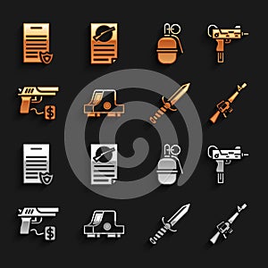 Set Collimator sight, UZI submachine gun, M16A1 rifle, Military knife, Buying pistol, Hand grenade, Firearms license