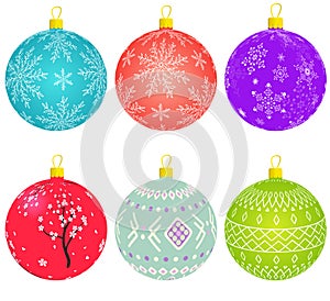 Set of coloful christmas balls with snowflakes and patterns. Vector illustration