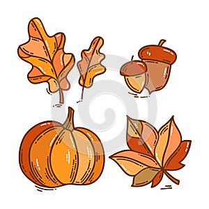 Set of color autumn doodle style icons