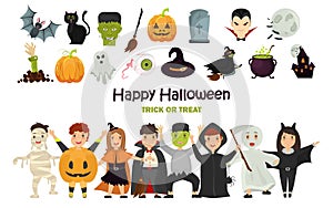 Set of color costumed girls and boys. Halloween color icons set photo