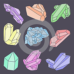 Set of color crystals hand drawn doodle of diamonds, minerals and gems