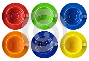 Set of color cups and saucer top view