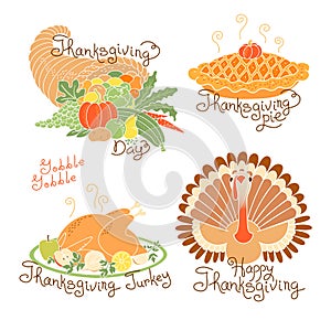 Set of color drawings to Thanksgiving Day. Autumn harvest, Traditional holiday meal, turkey, pumpkin pie, cornucopia