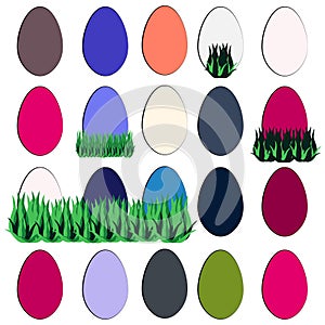 Set of color easter eggs with grass on white background