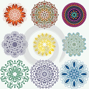 Set of color ethnic ornamental floral patterns. Hand drawn mandalas. Orient traditional background. Lace circular ornaments.
